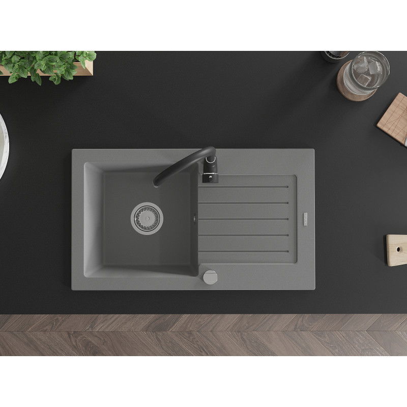 Mexen Pablo fregadero de granito 1-cámara con escurridor y grifo de cocina Telma, gris - 6510-71-670200-70