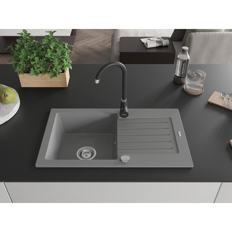 Mexen Pablo 1-bowl granite sink with drainer and Telma kitchen tap, grey - 6510-71-670200-70