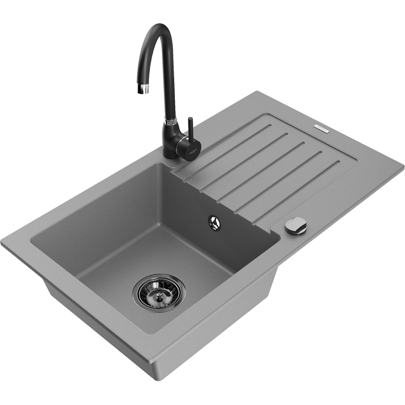 Mexen Pablo fregadero de granito de 1 compartimento con escurridor y grifo de cocina Telma, gris - 6510-71-670200-70-B
