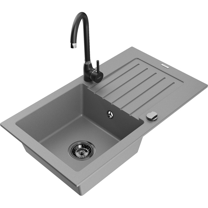 Mexen Pablo fregadero de granito de 1 cubeta con escurridor y grifo de cocina Telma, gris - 6510-71-670200-70-B