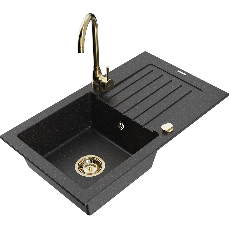 Mexen Pablo granite sink 1-bowl with drainer and Telma kitchen tap, black/silver - 6510-73-670200-50