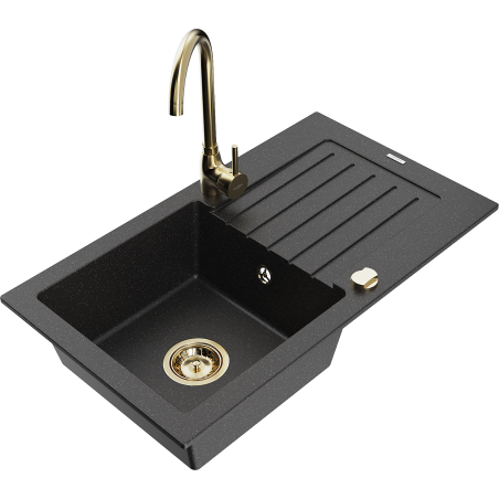 Mexen Pablo granite kitchen sink 1-bowl with drainer and Telma kitchen faucet, black/silver - 6510-73-670200-50