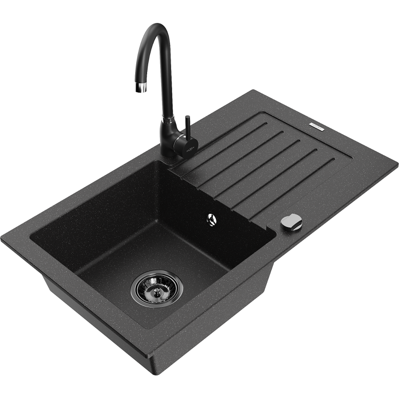 Mexen Pablo granite sink 1-bowl with drainer and Telma kitchen tap, black/silver - 6510-73-670200-70-B