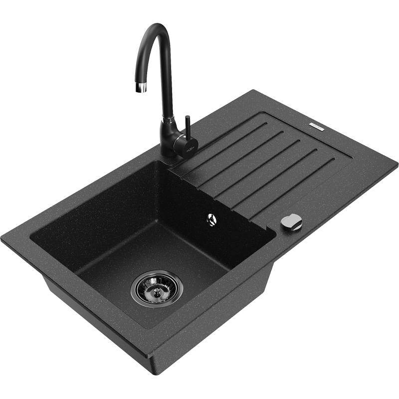 Mexen Pablo Granitspüle 1-Becken mit Abtropffläche und Küchenarmatur Telma, schwarz/silber - 6510-73-670200-70-B