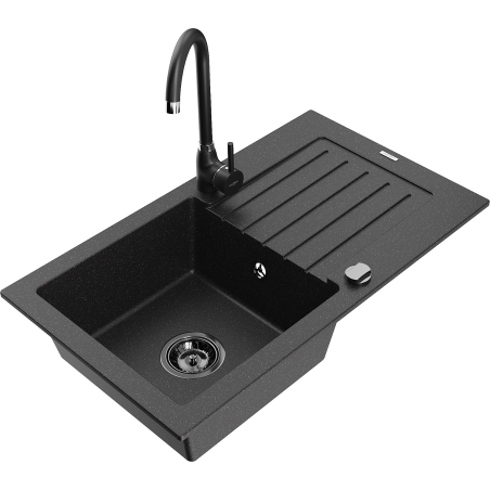 Mexen Pablo graniittinen 1-allas tiskiallas valutustasolla ja keittiöhanalla Telma, musta/hopea - 6510-73-670200-70-B