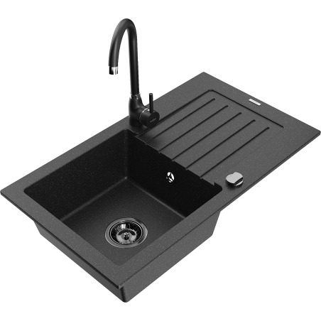 Mexen Pablo granite sink 1-bowl with drainer and Telma kitchen tap, black/silver - 6510-73-670200-70-B