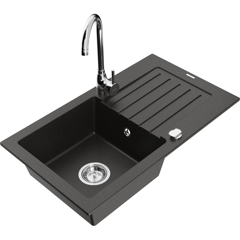Mexen Pablo 1-bowl granite kitchen sink with drainer and Telma kitchen tap, black/gold - 6510-75-670200-00