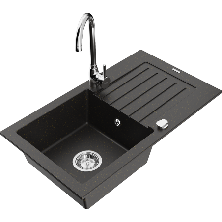 Mexen Pablo 1-bowl granite kitchen sink with drainer and Telma kitchen tap, black/gold - 6510-75-670200-00