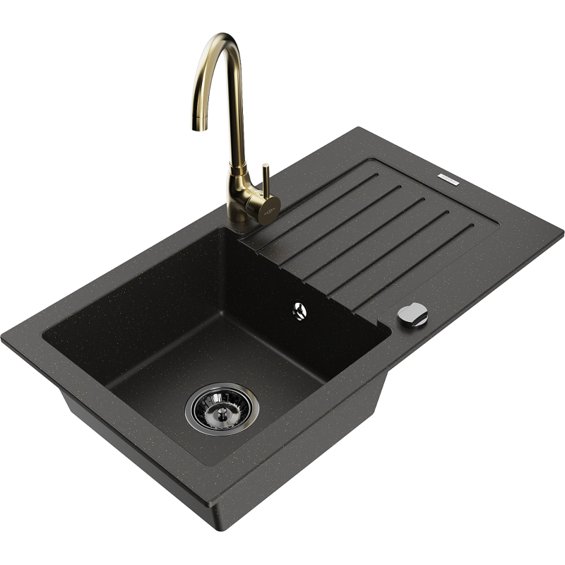 Mexen Pablo graniittinen 1-allas keittiöallas kuivaustasolla ja keittiöhanalla Telma, musta/kultainen - 6510-75-670200-50-B