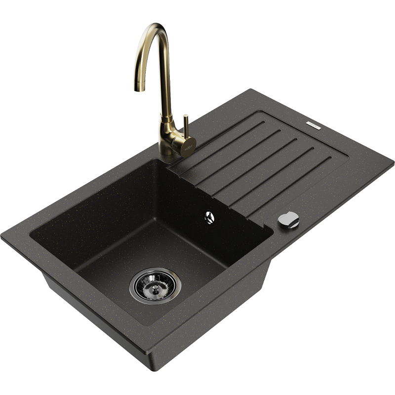 Mexen Pablo granite sink 1-bowl with drainer and Telma kitchen tap, black/gold - 6510-75-670200-50-B