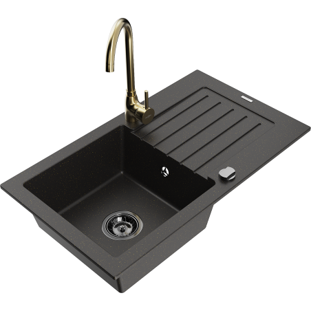 Mexen Pablo fregadero de granito de 1 cubeta con escurridor y grifo de cocina Telma, negro/oro - 6510-75-670200-50-B