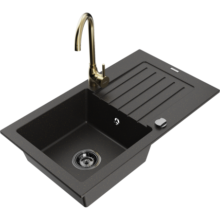 Mexen Pablo granite sink 1-bowl with drainer and Telma kitchen tap, black/gold - 6510-75-670200-50-B