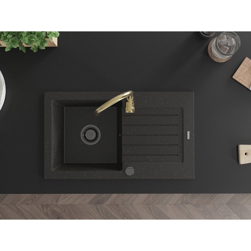 Mexen Pablo Einzelbecken Granitspüle mit Abtropffläche und Küchenarmatur Telma, schwarz/gold - 6510-75-670200-50-B