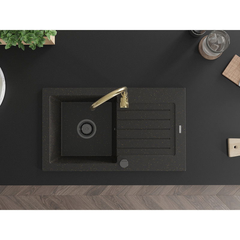 Mexen Pablo granite sink 1-bowl with drainer and Telma kitchen tap, black/gold - 6510-75-670200-50-B