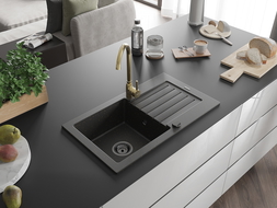 Mexen Pablo fregadero de granito de 1 cubeta con escurridor y grifo de cocina Telma, negro/oro - 6510-75-670200-50-B