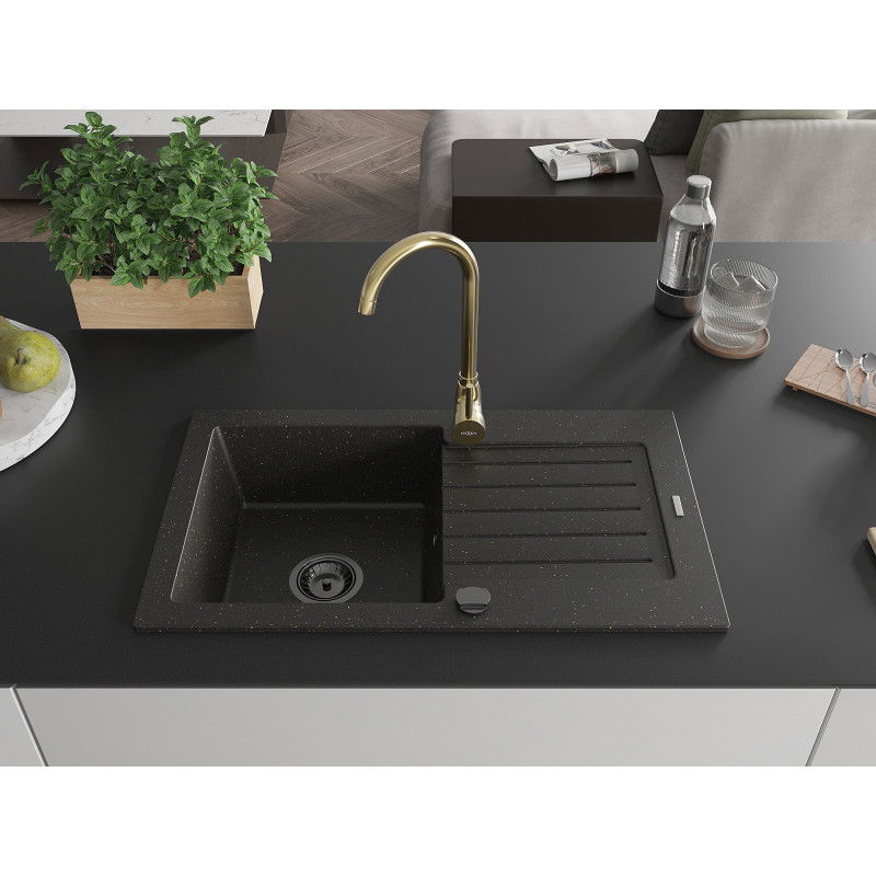 Mexen Pablo granite sink 1-bowl with drainer and Telma kitchen tap, black/gold - 6510-75-670200-50-B