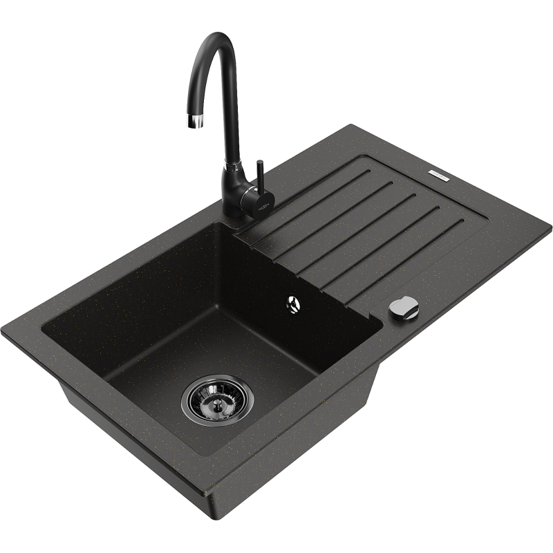 Mexen Pablo granitdiskho med 1 fack med avrinningsyta och köksblandare Telma, svart/guld - 6510-75-670200-70-B