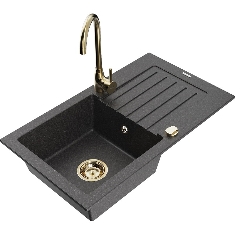 Mexen Pablo fregadero de granito de 1 seno con escurridor y grifo de cocina Telma, negro moteado - 6510-76-670200-50