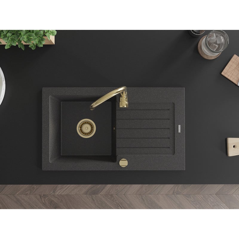 Mexen Pablo 1-Kammer Granitspüle mit Abtropffläche und Küchenarmatur Telma, schwarz gesprenkelt - 6510-76-670200-50