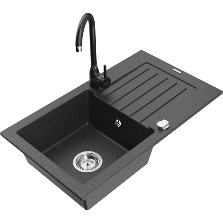 Mexen Pablo granite sink 1-bowl with drainer and Telma kitchen tap, speckled black - 6510-76-670200-70