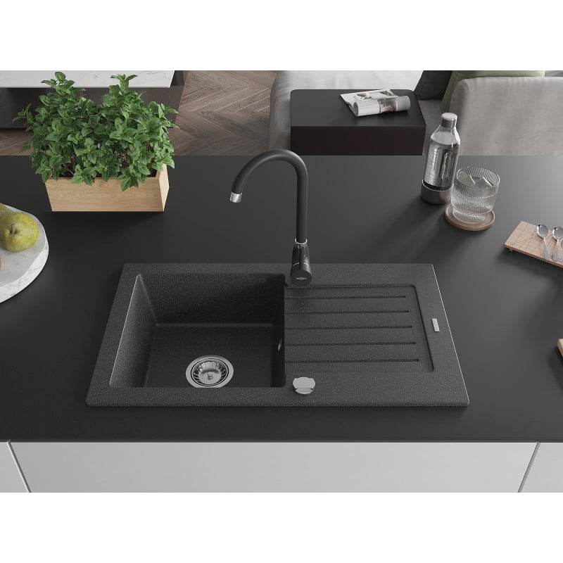 Mexen Pablo granite sink 1-bowl with drainer and Telma kitchen tap, speckled black - 6510-76-670200-70