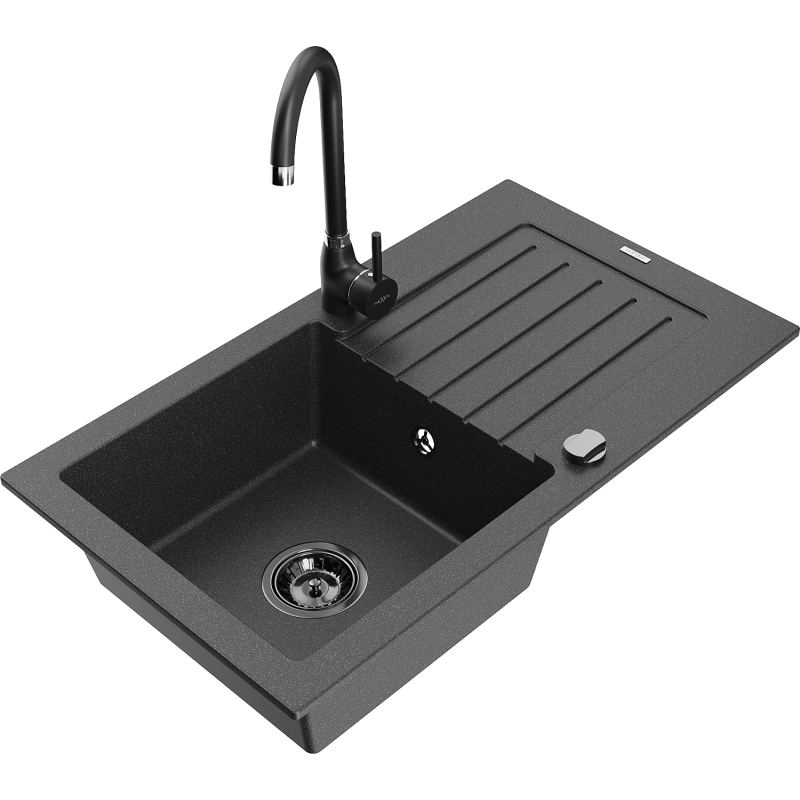 Mexen Pablo fregadero de granito de 1 seno con escurridor y grifo de cocina Telma, negro moteado - 6510-76-670200-70-B