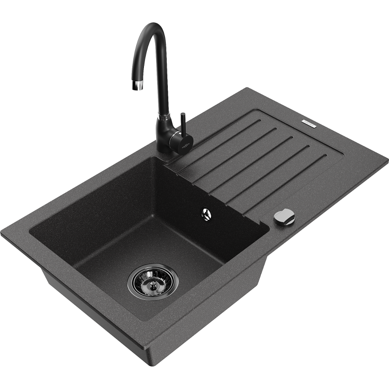 Mexen Pablo lava-loiça de granito 1-cuba com escorredor e torneira de cozinha Telma, preto salpicado - 6510-76-670200-70-B