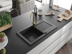 Mexen Pablo Granitspüle 1-becken mit Abtropffläche und Küchenarmatur Telma, schwarz - 6510-77-670200-50-B