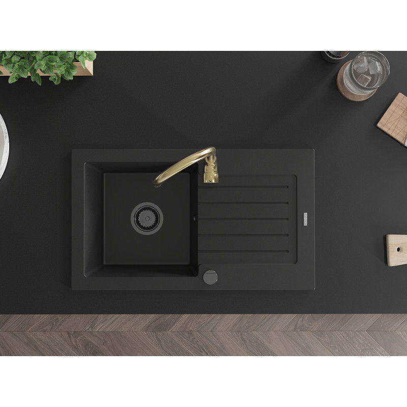 Mexen Pablo granieten gootsteen 1-komors met afdruipplaat en keukenmengkraan Telma, zwart - 6510-77-670200-50-B