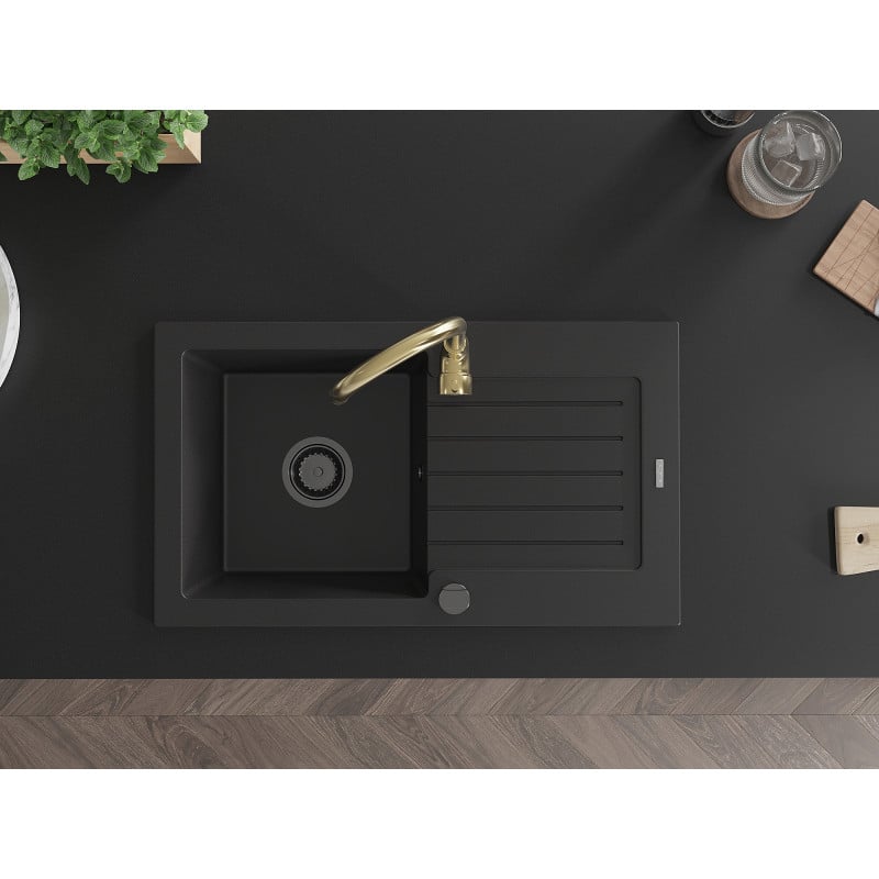 Mexen Pablo Granitspüle 1-becken mit Abtropffläche und Küchenarmatur Telma, schwarz - 6510-77-670200-50-B