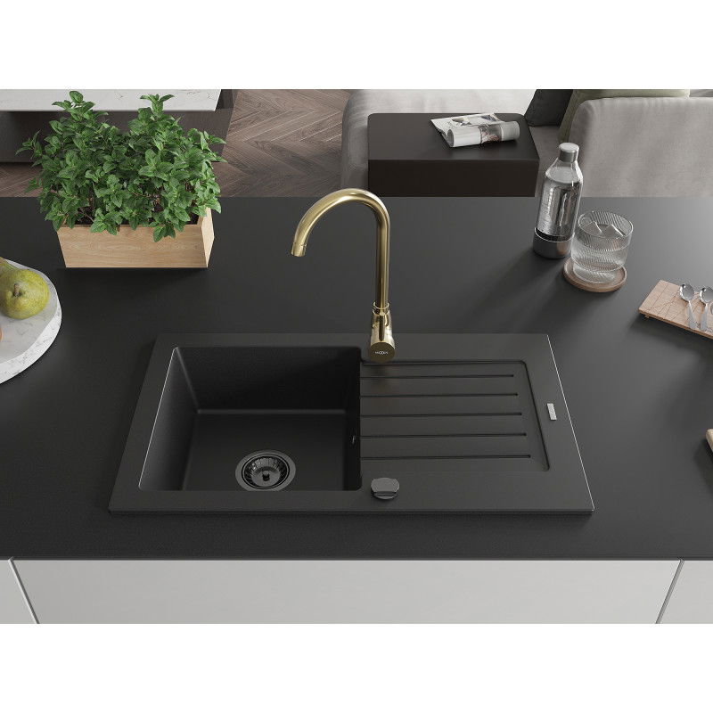 Mexen Pablo granite sink 1-bowl with drainer and Telma kitchen tap, black - 6510-77-670200-50-B