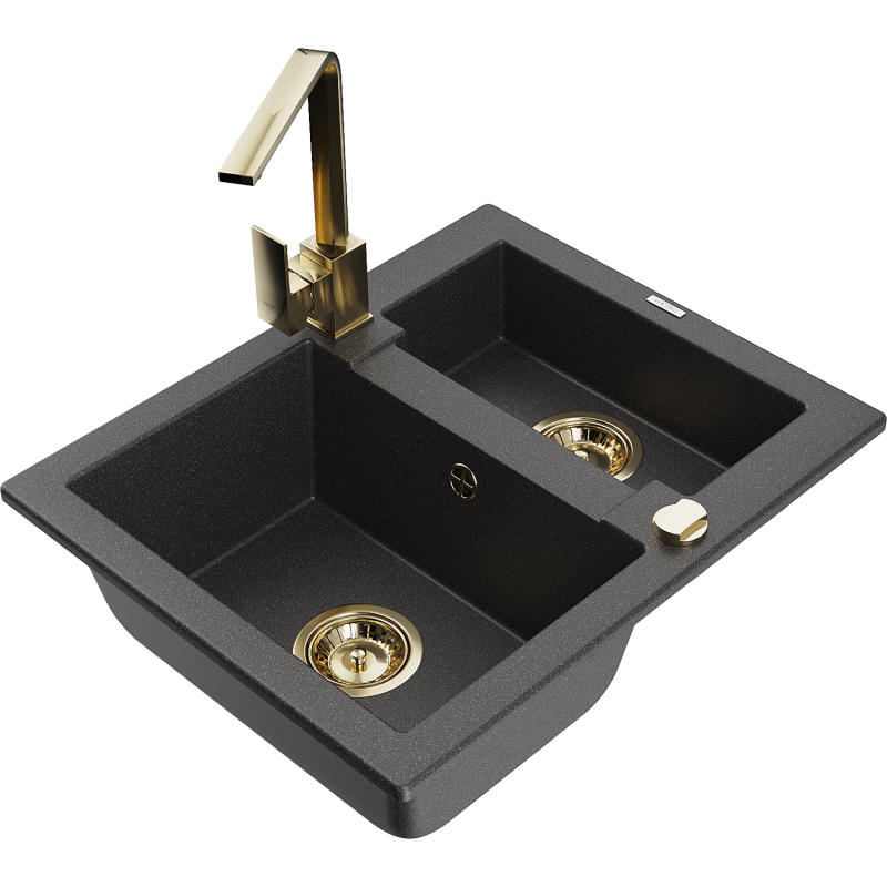 Mexen Carlos granite sink 1.5-bowl with Rita kitchen tap, black speckled - 6518-76-670300-50