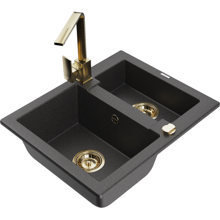 Mexen Carlos granitā izlietne ar 1,5 nodalījumiem un virtuves jaucējkrānu Rita, melna ar raibumiem - 6518-76-670300-50