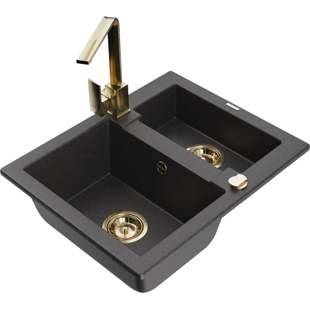 Mexen Carlos granite sink 1.5-bowl with Rita kitchen tap, black speckled - 6518-76-670300-50