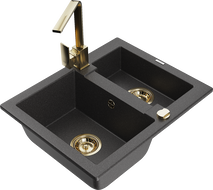 Mexen Carlos granite sink 1.5-bowl with Rita kitchen tap, black speckled - 6518-76-670300-50