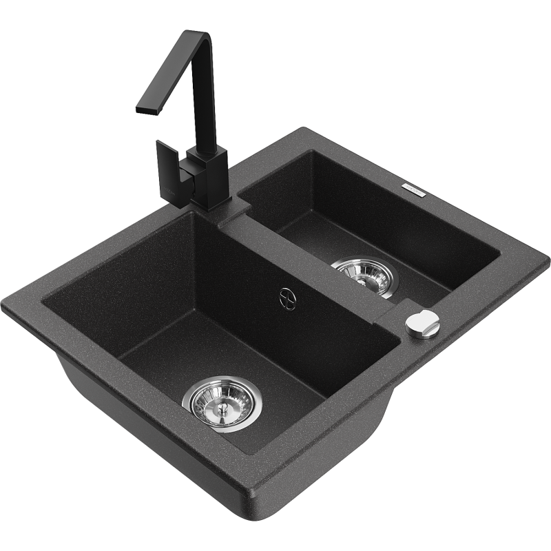 Mexen Carlos granitā izlietne ar 1,5 kameru un virtuves maisītāju Rita, melna ar baltām punktiem - 6518-76-670300-70