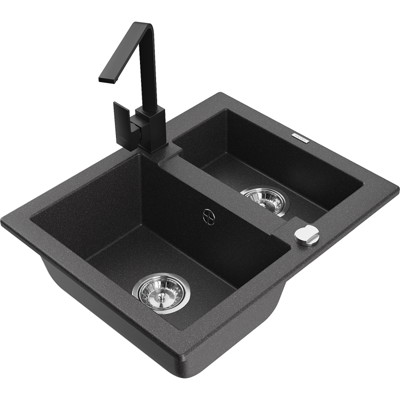 Mexen Carlos granite sink 1.5-bowl with Rita kitchen tap, speckled black - 6518-76-670300-70
