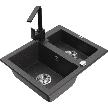 Mexen Carlos granite sink 1.5-bowl with kitchen faucet Rita, speckled black - 6518-76-670300-70