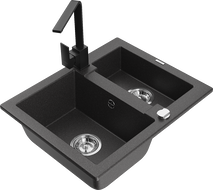 Mexen Carlos granite sink 1.5-bowl with Rita kitchen tap, speckled black - 6518-76-670300-70