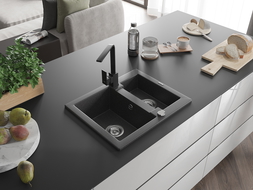 Mexen Carlos évier de cuisine en granit 1,5 bac avec robinet Rita, noir moucheté - 6518-76-670300-70