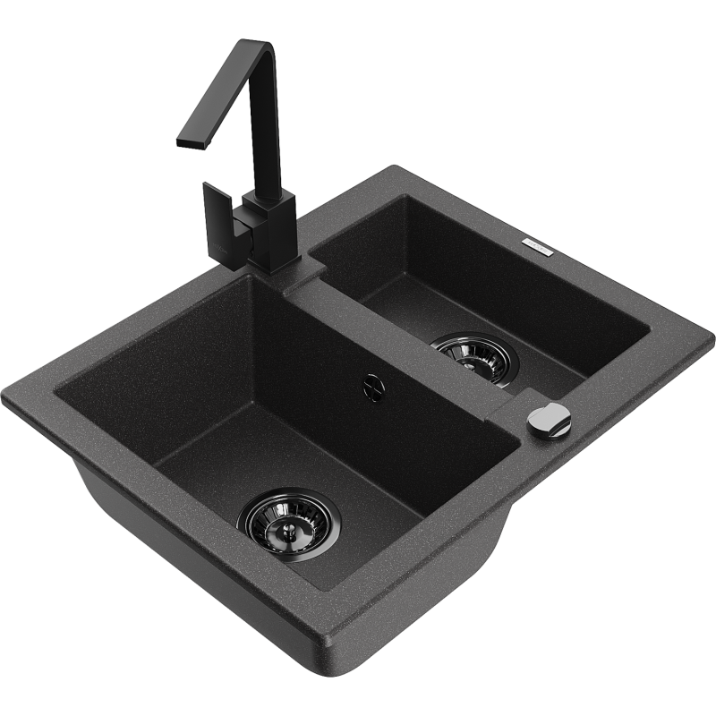 Mexen Carlos granite kitchen sink 1.5-bowl with Rita kitchen tap, speckled black - 6518-76-670300-70-B