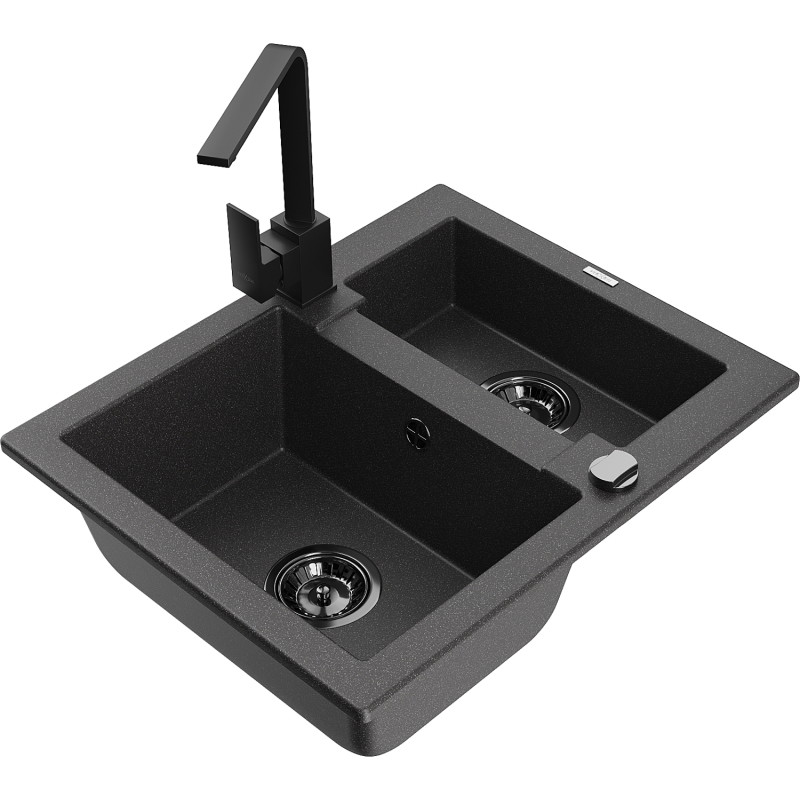 Mexen Carlos granitspüle 1,5-beckig mit küchenarmatur Rita, schwarz gesprenkelt - 6518-76-670300-70-B