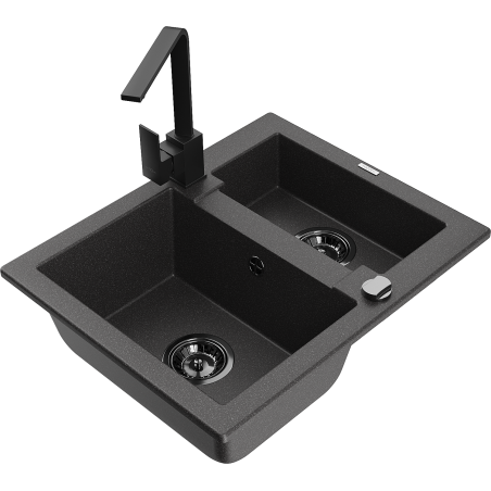 Mexen Carlos granite kitchen sink 1.5-bowl with Rita kitchen tap, speckled black - 6518-76-670300-70-B