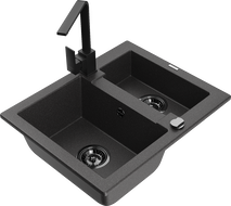 Mexen Carlos granite kitchen sink 1.5-bowl with Rita kitchen tap, speckled black - 6518-76-670300-70-B