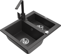 Mexen Carlos granite sink 1.5 bowl with Rita kitchen tap, black speckled - 6518-76-670300-76