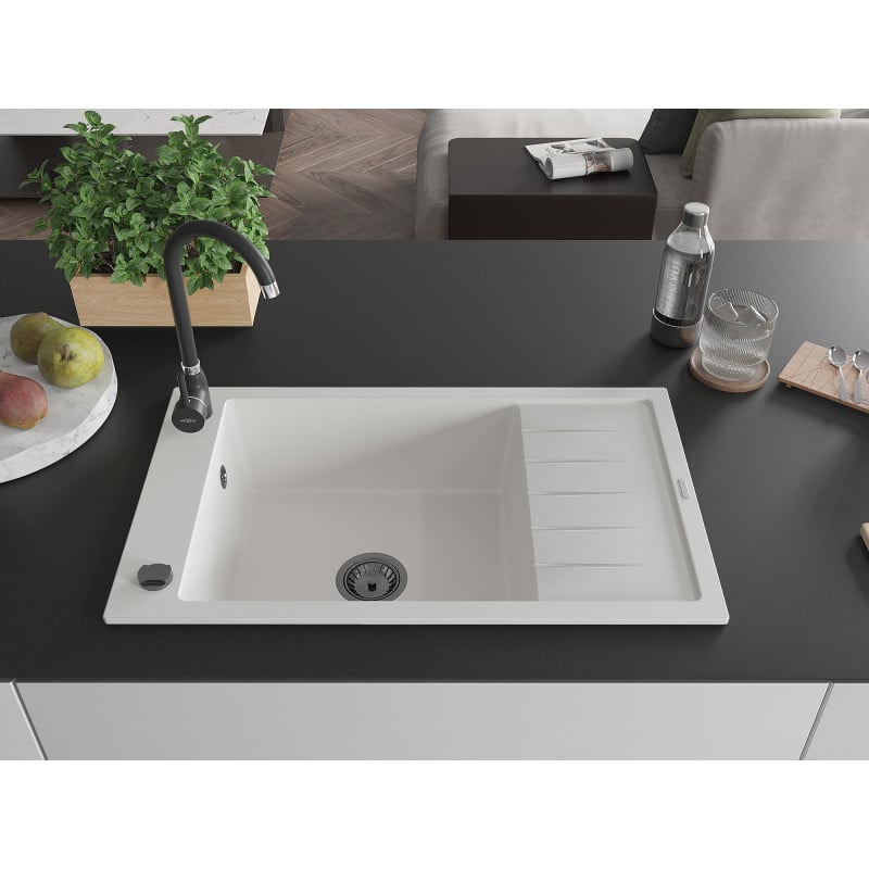 Mexen Elias granite sink 1-bowl with drainer and Telma kitchen tap, white - 6511-20-670200-70