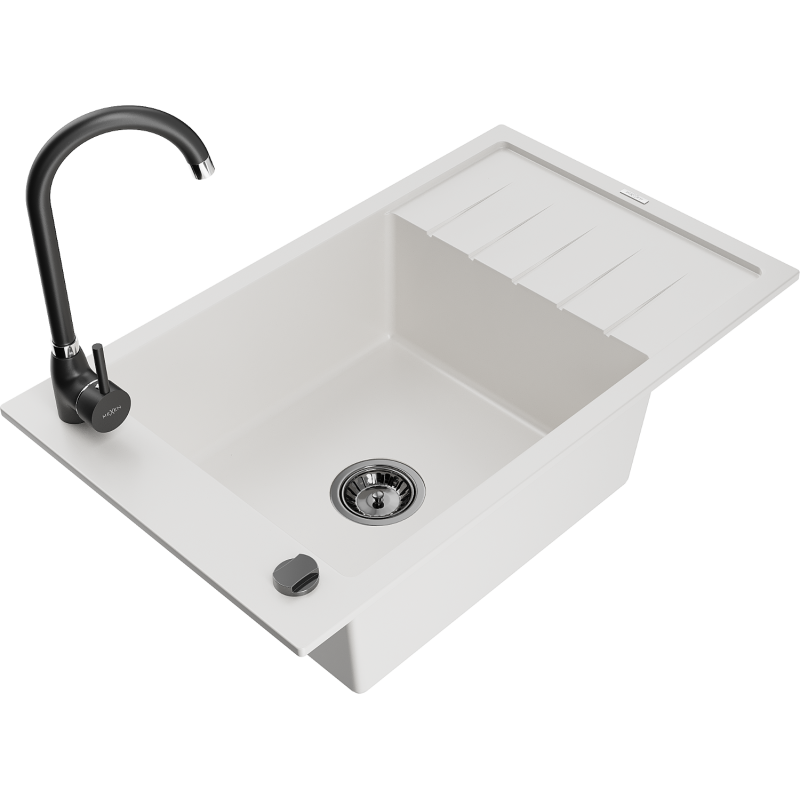 Mexen Elias fregadero de granito de 1 seno con escurridor y grifo de cocina Telma, blanco - 6511-20-670200-70