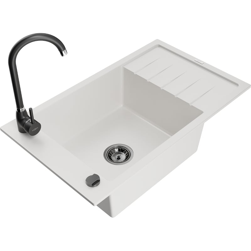 Mexen Elias granite kitchen sink 1-bowl with drainer and Telma kitchen faucet, white - 6511-20-670200-70