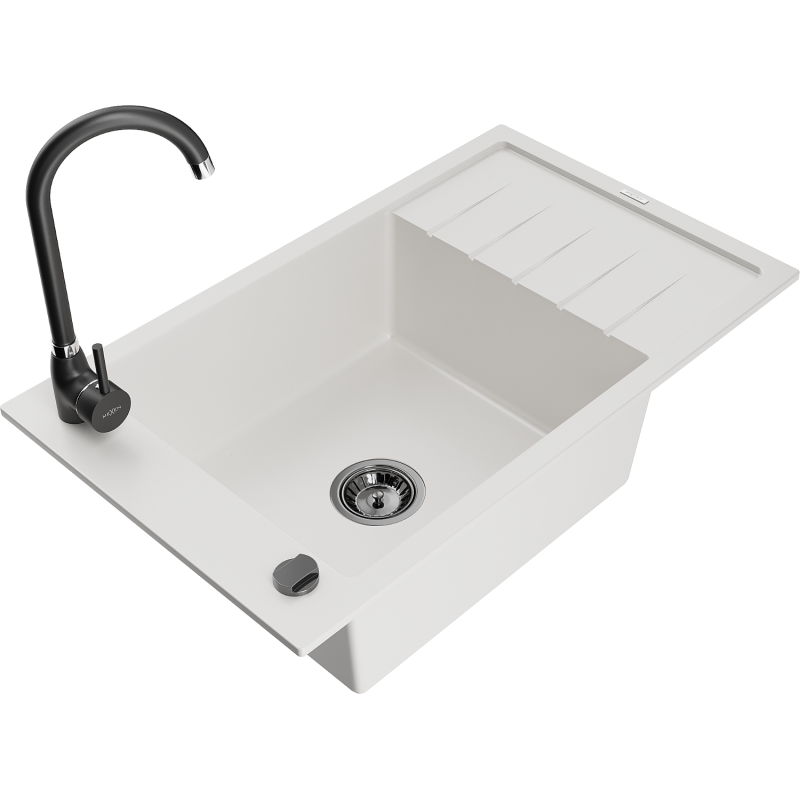 Mexen Elias granite sink 1-bowl with drainer and Telma kitchen tap, white - 6511-20-670200-70