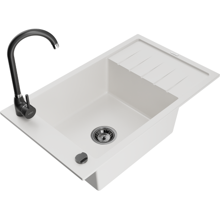 Mexen Elias fregadero de granito de 1 seno con escurridor y grifo de cocina Telma, blanco - 6511-20-670200-70